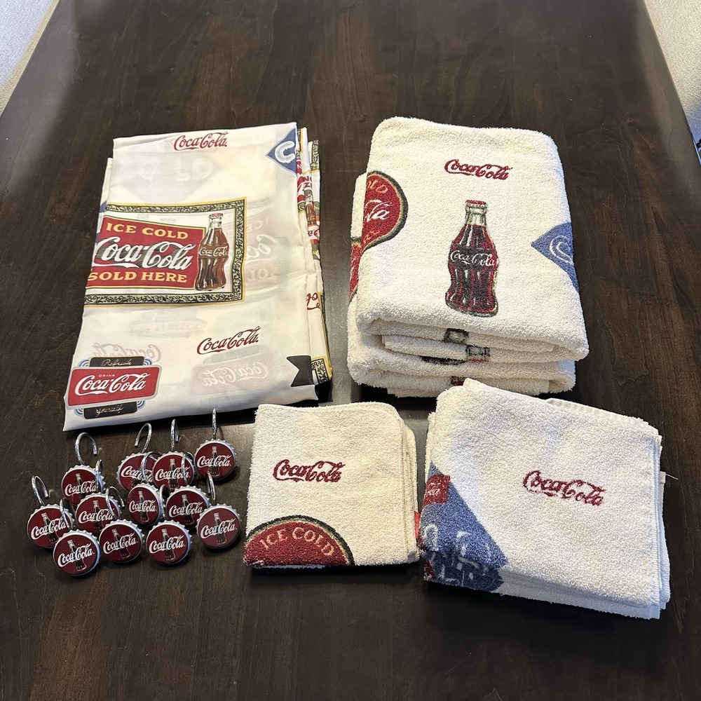 Vintage Coca Cola Bath Hand Towels Washclothes Shower Curtain Hooks READ